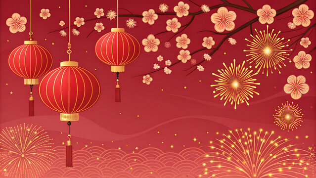 A festive chinese new year scene with red lanterns, golden fireworks, and blossoming cherry branches, celebrating the traditional holiday with vibrant colors and cultural symbols