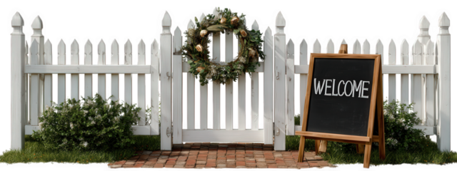 White picket fence with floral wreath and welcome chalkboard sign on brick path, creating warm, inviting, and friendly entrance to home or garden