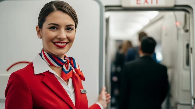 Friendly flight attendant ready to assist passengers during air travel