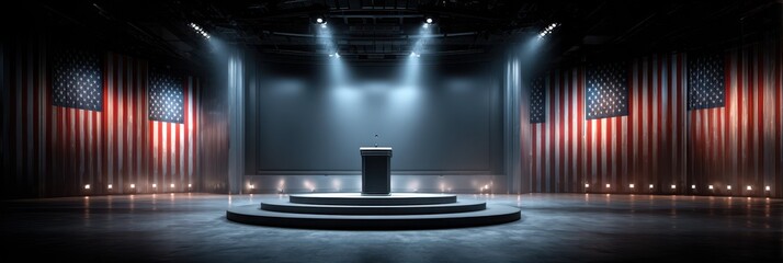 Backdrop of a political stage with podium and American flags in a dimly lit setting ready for a speech or debate