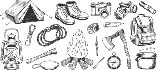 Hand-drawn black and white camping equipment sketch set with tent, backpack, boots, fire, lantern, tools, and survival essentials