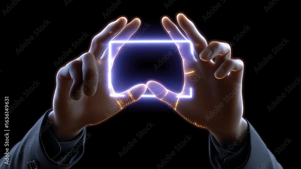 Poster hands interacting with a luminous virtual screen against a dark backdrop. futuristic technology conc