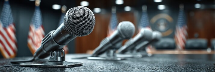 Discussion at a government meeting with microphones set up in front of American flags in a formal setting