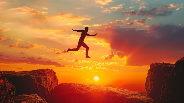 silhouette jumping across cliff gap symbolizing opportunity leap