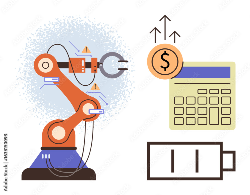 Poster robotic arm performing tasks alongside a calculator with rising dollar icon and battery symbol. idea