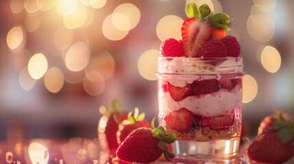 strawberry cheesecake dessert jar with dramatic lighting and soft bokeh