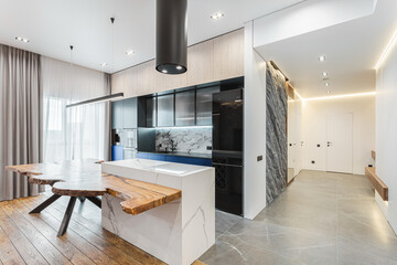 Modern kitchen design with natural wood accents and sleek cabinetry in a contemporary apartment interior