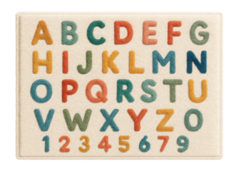 Cotton rug with hand-woven letters and numbers for a cozy and educational space in a child's bedroom.