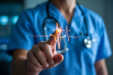Doctor interacting with a digital heart rhythm display on a futuristic interface