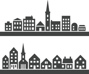 Minimalist black and white cityscape and village skyline silhouette with urban buildings, houses, and churches vector illustration