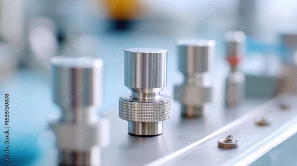 Poster maintenance technical machinery optimization concept. close-up of metallic control knobs on a machin