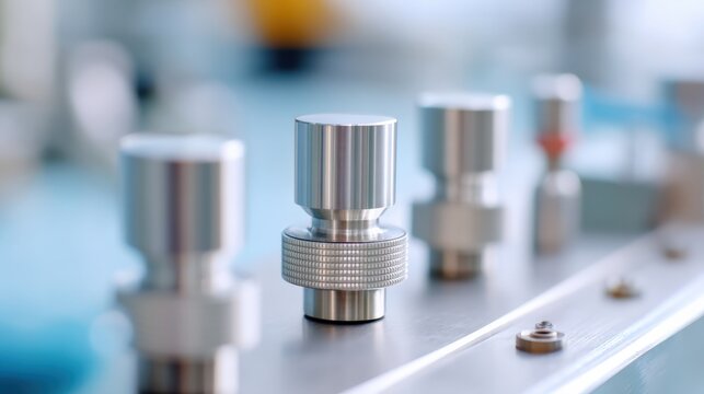 maintenance technical machinery optimization concept. Close-up of metallic control knobs on a machine panel.