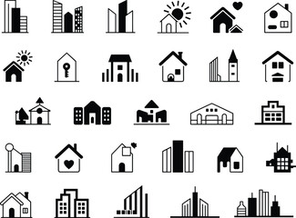 Fototapeta premium Set of 30 black and white minimalist real estate, house, apartment, and construction icons for property and architecture design