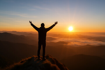 Fototapeta premium Silhouette of person standing on mountain peak with arms raised enjoying sunrise over misty valley and scenic horizon