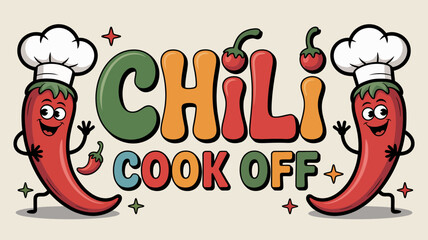 Playful chili cook-off banner with cartoon chef peppers and bubbly font