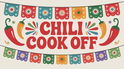 Festive chili cook-off banner with Mexican papel picado patterns