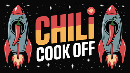 1950s space-themed chili cook-off banner with red peppers and silver accents