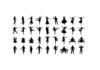 collection of  silhouettes, running, jumping, playing football, cycling, vector style, solid black, isolated on white background
