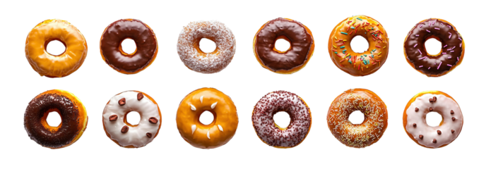 Assorted glazed donuts isolated on white background with colorful toppings. Round sweet pastries feature chocolate, icing, sprinkles, and powdered sugar.