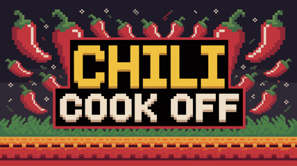 Pixel art chili cook-off banner with 8-bit peppers and retro arcade font