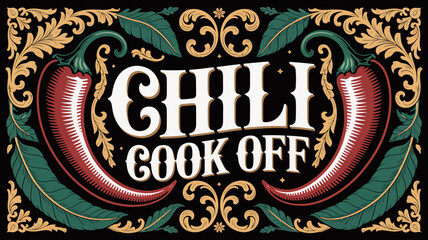 Ornate chili cook-off banner with burgundy and emerald peppers in filigree