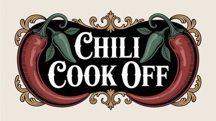 Elegant chili cook-off banner with gilded pepper illustrations and serif text