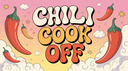 Surreal chili cook-off banner with floating peppers and dreamy pastel clouds