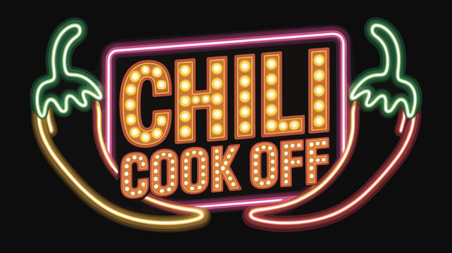 Carnival neon chili cook-off banner with glowing peppers and marquee lights