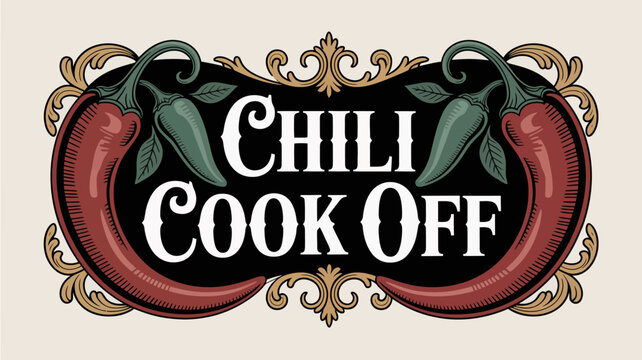 Elegant chili cook-off banner with gilded pepper illustrations and serif text
