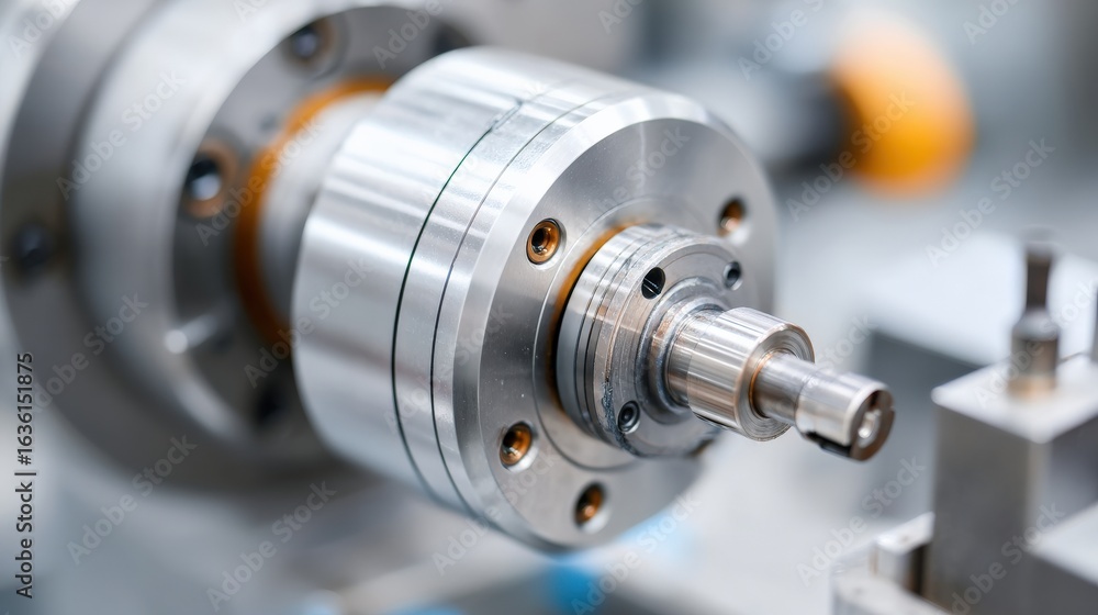 Poster maintenance technical machinery optimization concept. close-up of a metallic precision machine part 