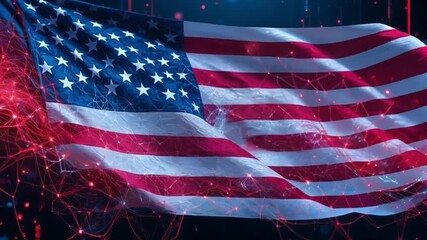 Waving american flag with red and blue digital network overlay in patriotic theme - Powered by Adobe