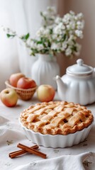 Freshly baked apple pie with a lattice crust alongside a vase of flowers and apples in a cozy kitchen