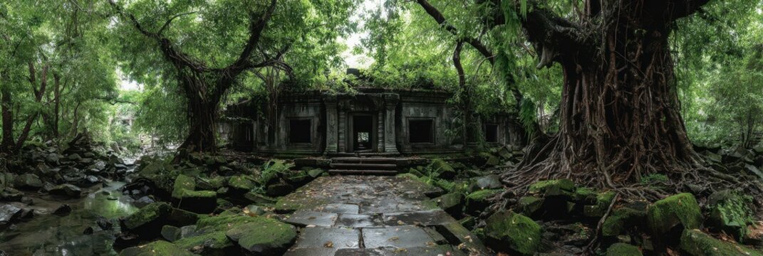 Ancient temple ruins surrounded by lush green vegetation and trees in a tropical jungle during the daytime - Powered by Adobe