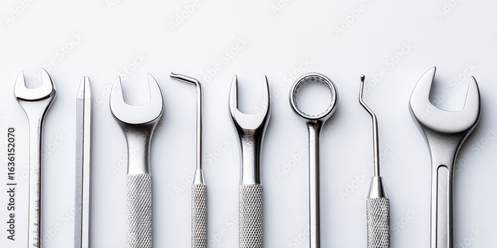Aufkleber maintenance technical machinery optimization concept. array of metallic tools on a neutral backgroun