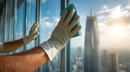 Professional window cleaner's hands wiping a high-rise building window with city skyline view