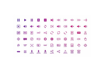set of 50 media control icon silhouettes, gradient colors from purple to pink, play, pause, stop, rewind, fast-forward, volume, mute, playlist, captions, isolated on white background, grid layout, hig