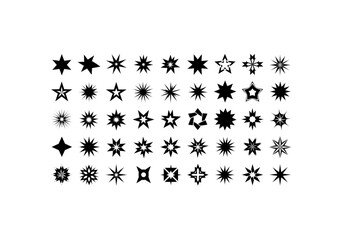 set of 50 unique star silhouettes, different shapes and sizes, geometric and abstract styles, evenly arranged in a grid, solid black shapes, clean vector design, isolated on white background

