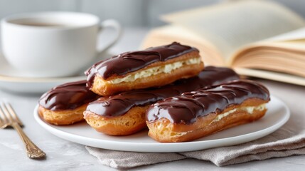 Delicious chocolate eclairs served with coffee beside an open book and elegant utensils
