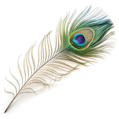 A single iridescent peacock feather displayed against a white background