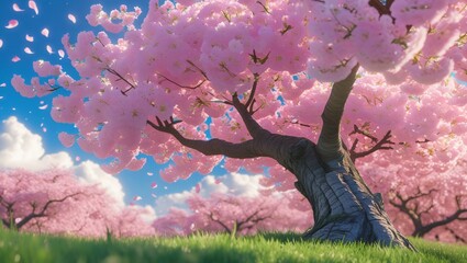 A blooming cherry blossom tree with soft petals falling in the breeze, blue spring sky behind – photoreal floral scene