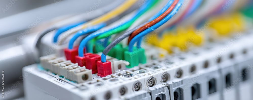 Poster maintenance technical machinery optimization concept. close-up of electrical connections with colorf