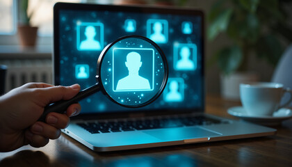 Hand holding magnifying glass over laptop displaying user profiles  