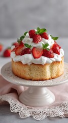 Delicious strawberry shortcake topped with whipped cream and mint leaves on a decorative stand