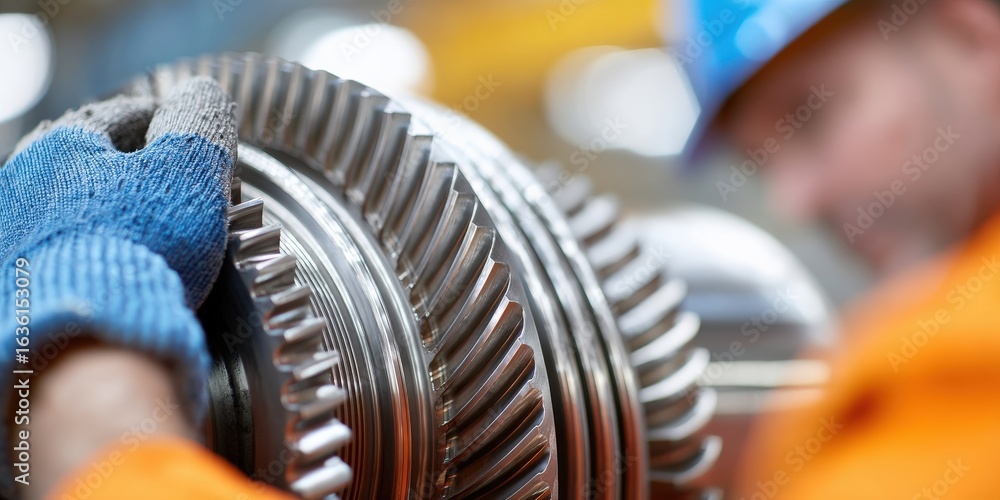 Poster maintenance technical machinery optimization concept. worker handling a large metallic gear in an in