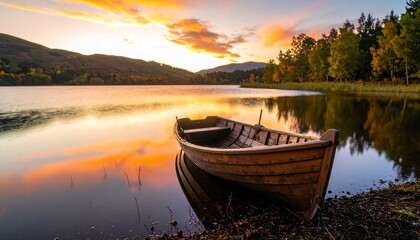 Obraz premium Lake view with wooden boats on the shore.