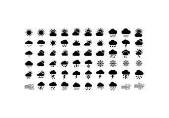 set of 50 weather icon silhouettes, sun, clouds, rain, snowflakes, thunder, wind, vector style, black shapes, isolated on white background
