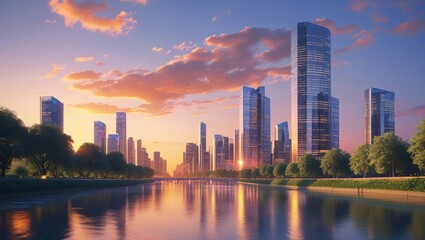Obraz premium A modern city skyline at sunset with golden reflections on glass buildings, calm river in foreground – photoreal urban landscape