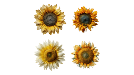 Four wilted sunflowers on black background floral art nature beauty