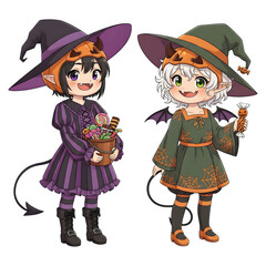 Cute halloween witch girl holding pumpkin basket, anime style, PNG sticker, halloween costume, trick or treat. transparent background