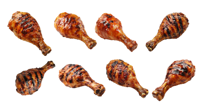 Barbecue chicken leg isolated on white background shows charred glaze. Juicy meat texture highlighted by grill marks. Ideal for menu design, food advertising, and culinary presentation.